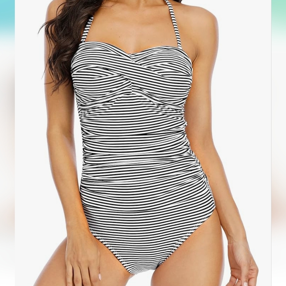Women's Bandeau/Halter Swimsuit One-Piece Black & White Striped XL